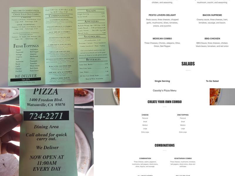 Cassidy's Pizza Menu