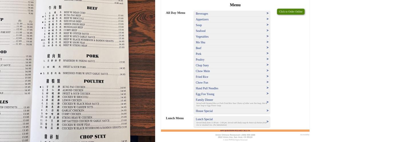 Union Chinese Restaurant Menu