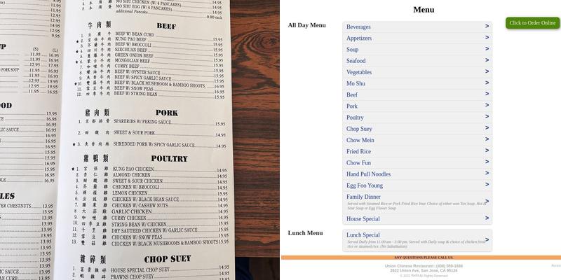 Union Chinese Restaurant Menu