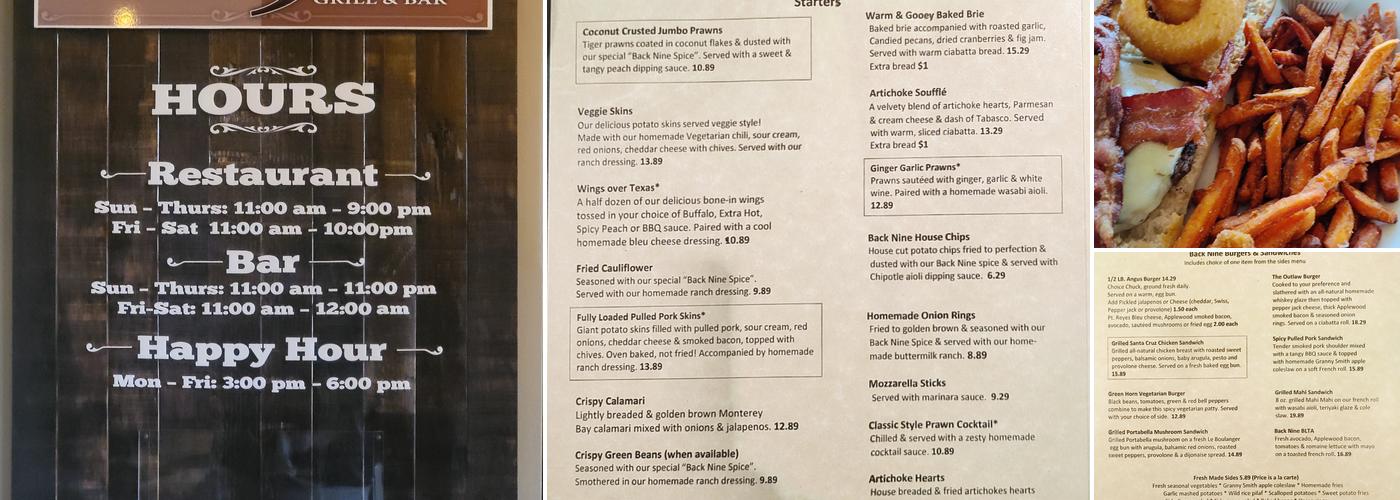 Back Nine Grill & Bar Menu
