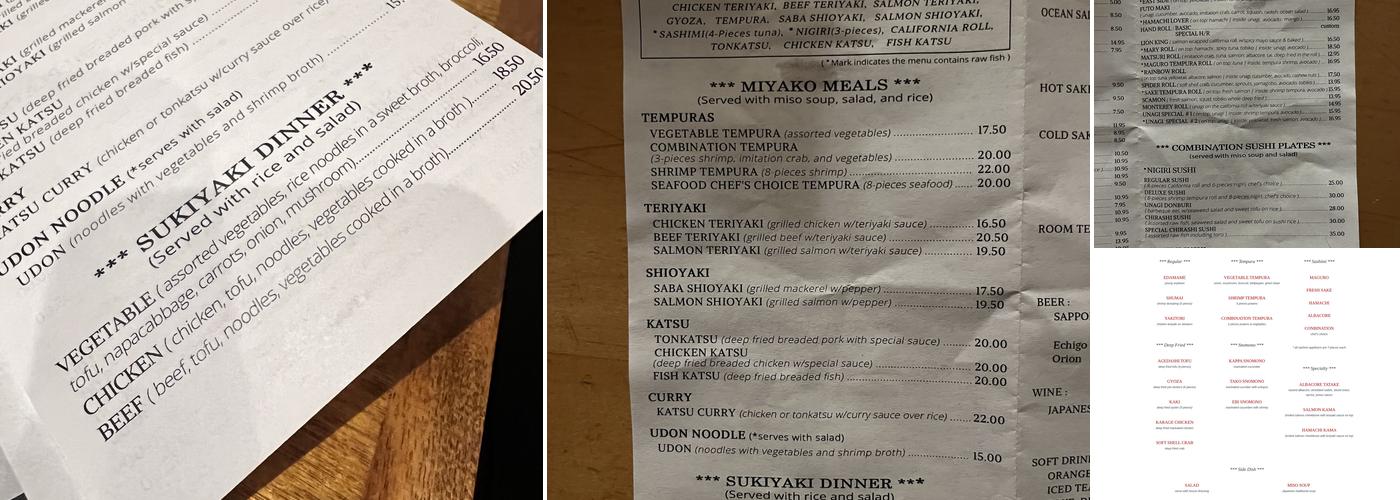 Miyako Japanese Restaurant Menu