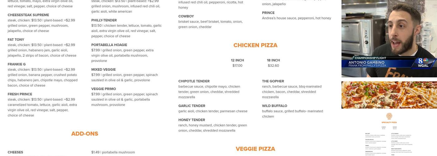 Frank From Philly & Andrea Pizza Menu