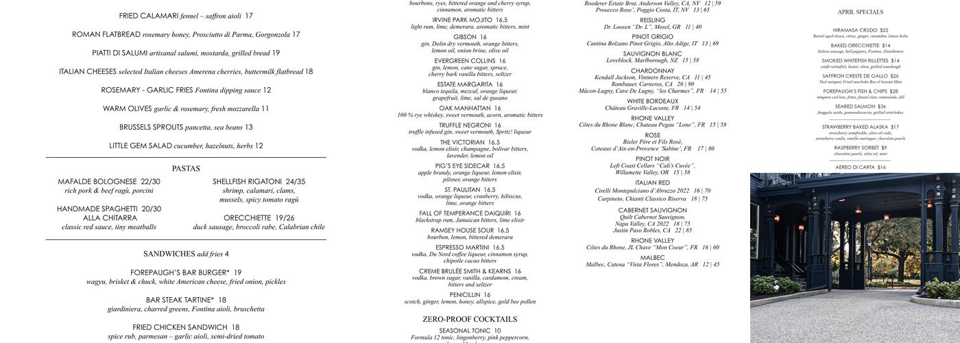 Forepaugh's Restaurant Menu