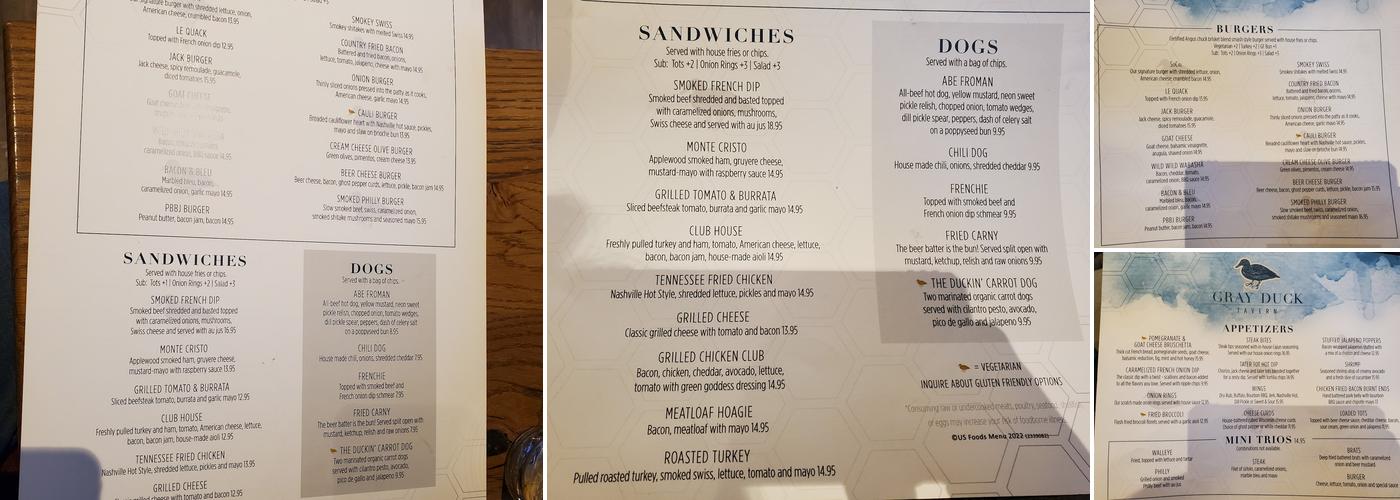 Gray Duck Tavern Menu