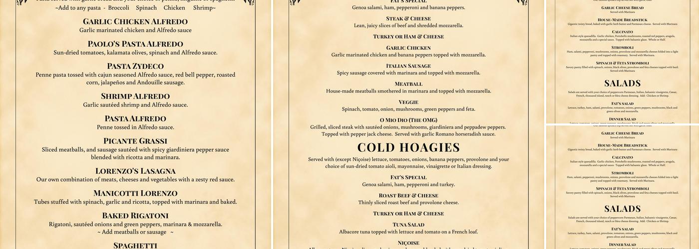 Fat Lorenzos Menu