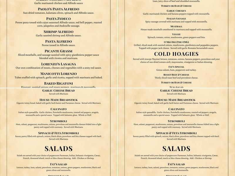 Fat Lorenzos Menu