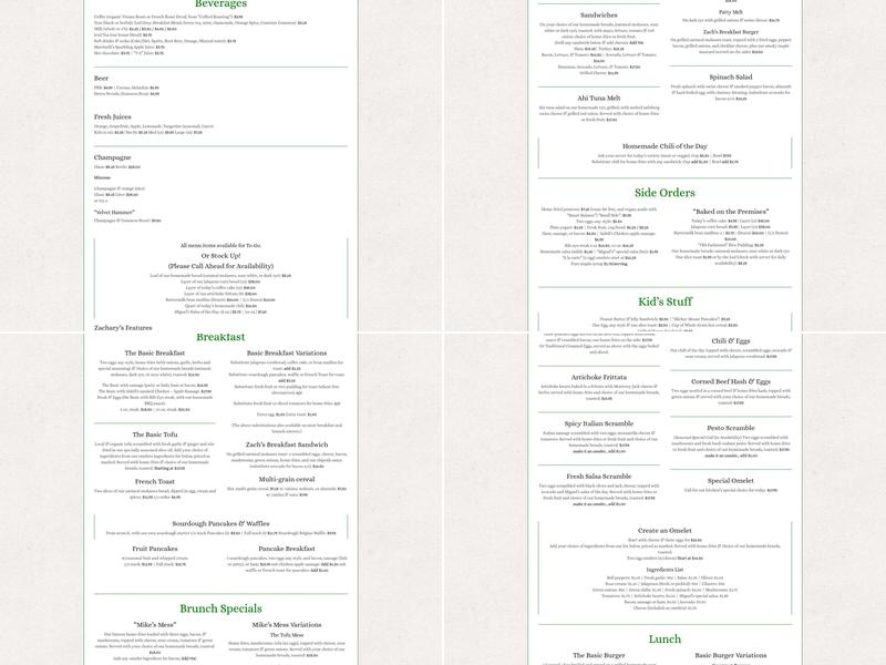 Zachary's Restaurant Menu