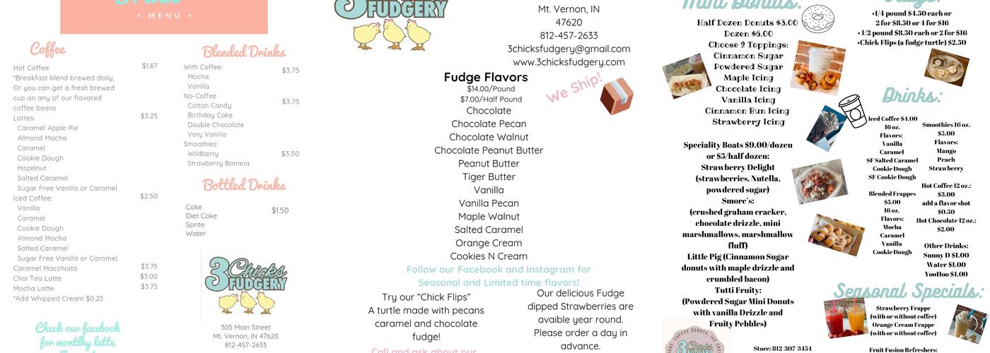 3 Chicks Fudgery Menu
