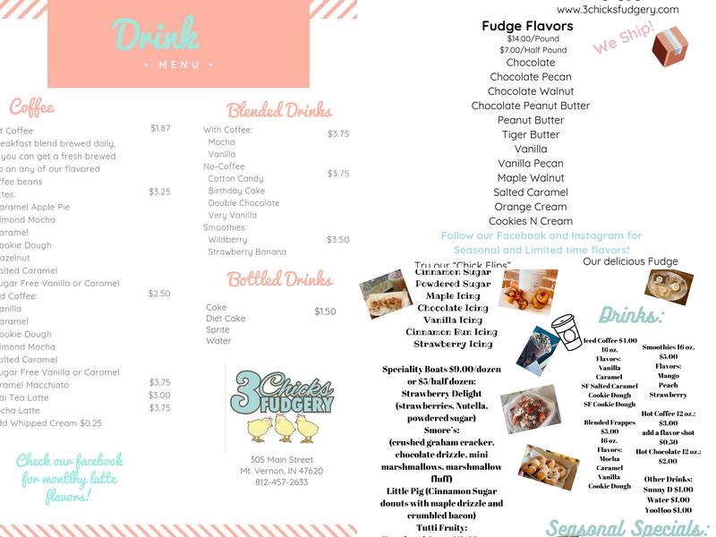 3 Chicks Fudgery Menu