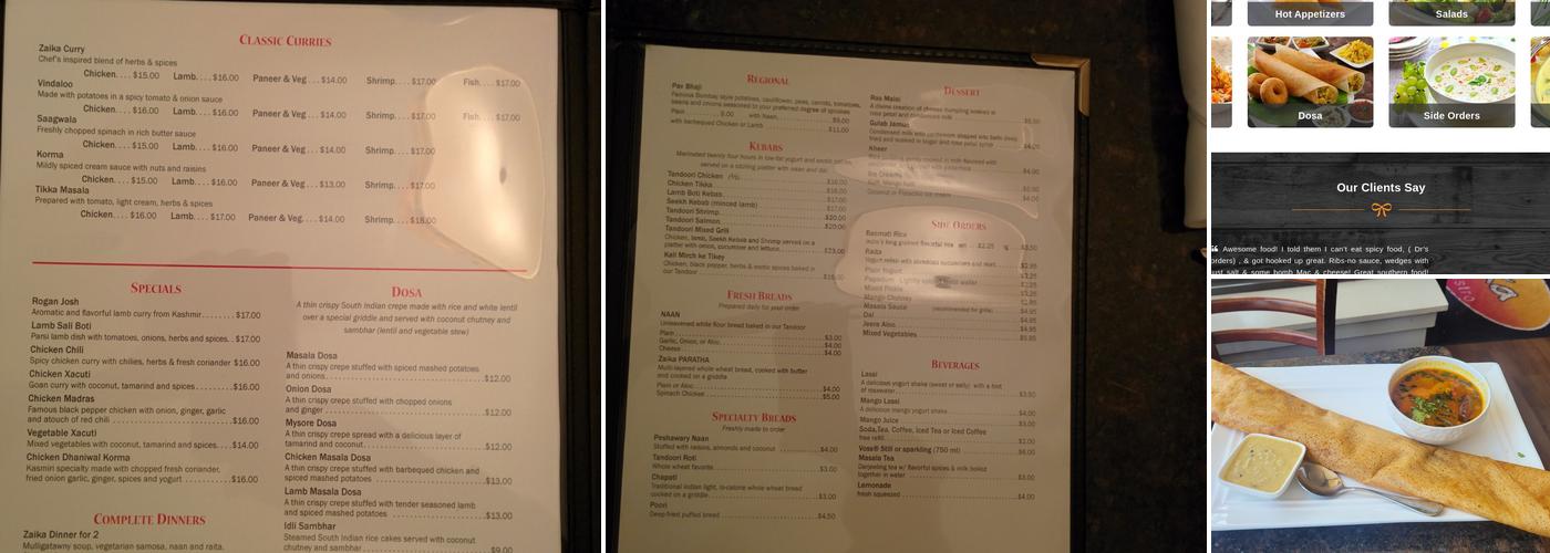 Zaika Indian Bistro Menu