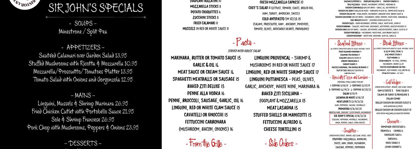 Sir John's Menu