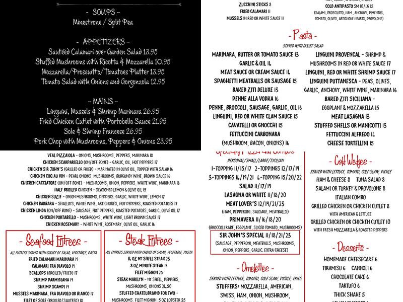 Sir John's Menu