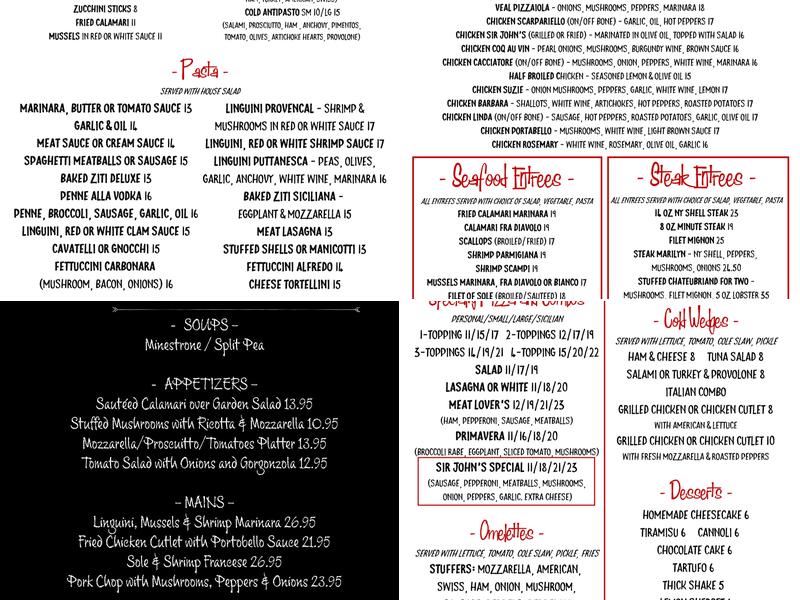 Sir John's Menu