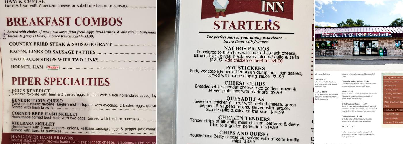 Ole Piper Inn Menu