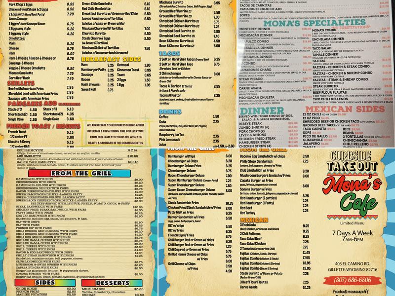 Mona's Cafe Menu