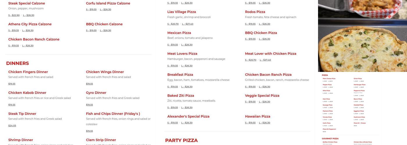 Alexander's Pizza Menu
