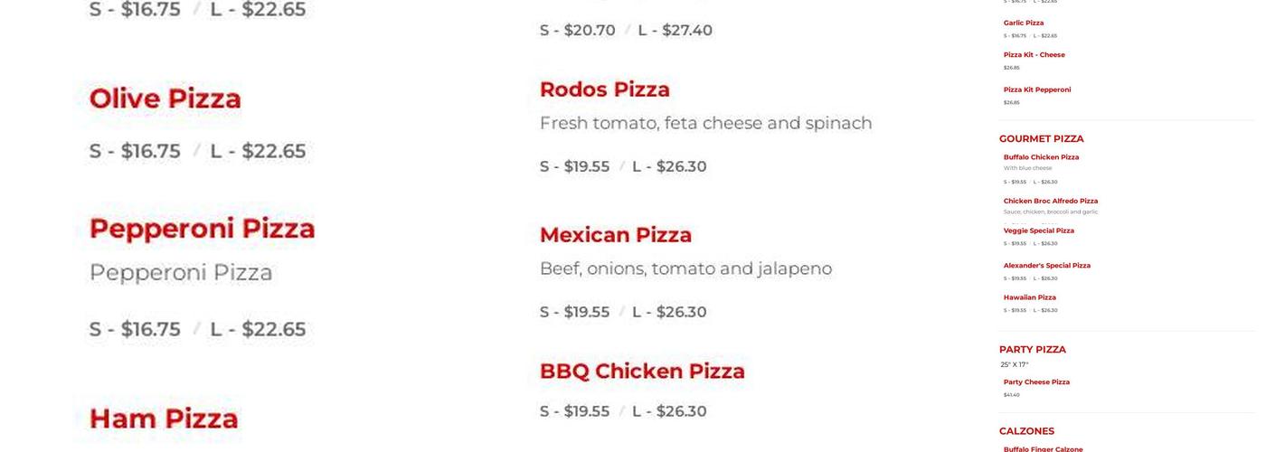 Alexander's Pizza Menu