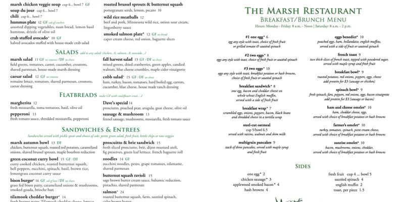 The Marsh Restaurant Menu