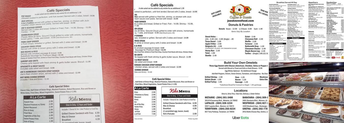 Joe's Cafe & Donuts & King Cakes Menu