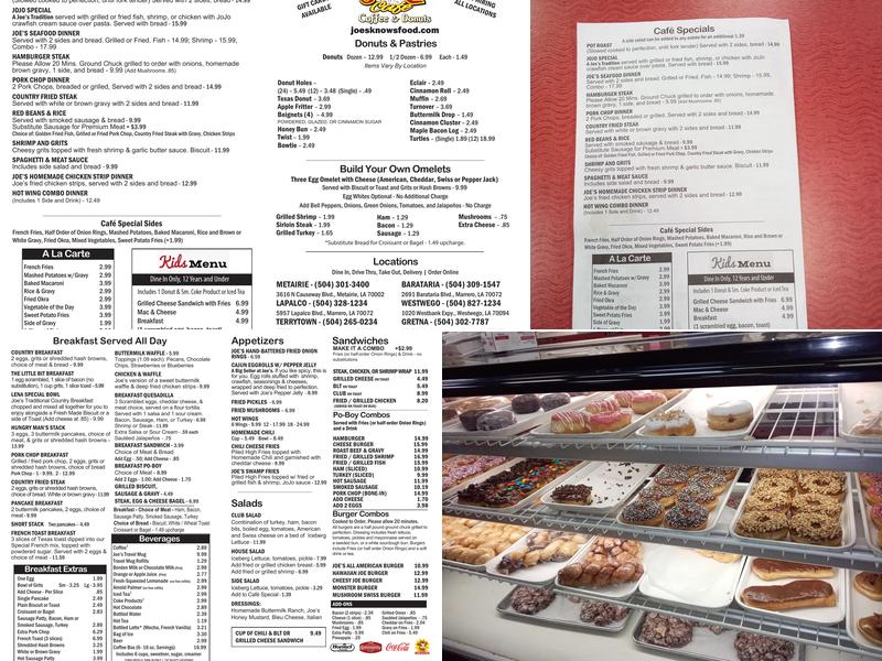 Joe's Cafe & Donuts & King Cakes Menu