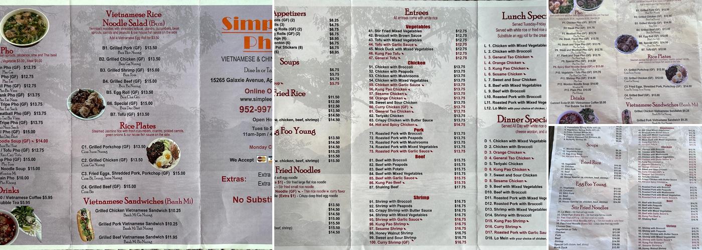 Simplee Pho Menu