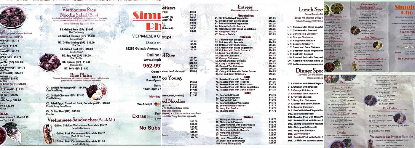 Simplee Pho Menu
