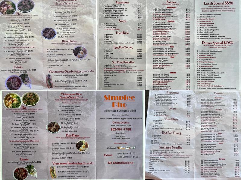 Simplee Pho Menu
