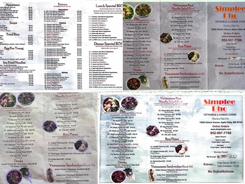Simplee Pho Menu