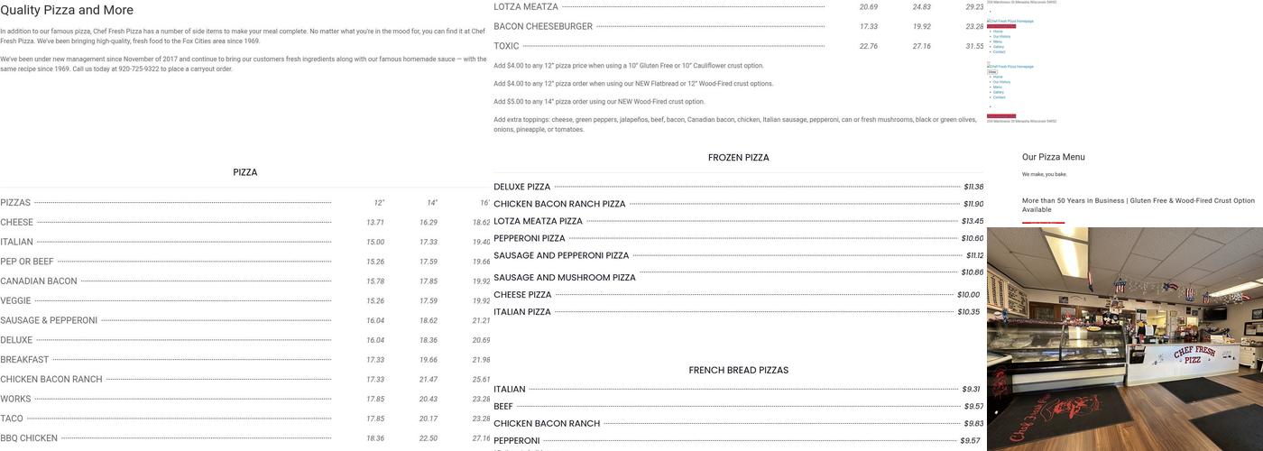 Chef Fresh Pizza Menu