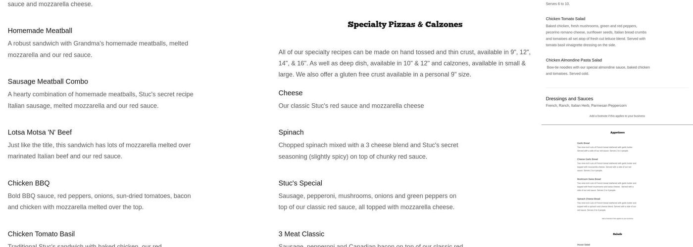 Stuc's Pizza - Neenah Menu