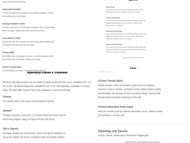 Stuc's Pizza - Neenah Menu