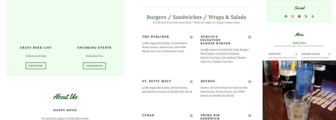Dublin's Irish Pub Menu