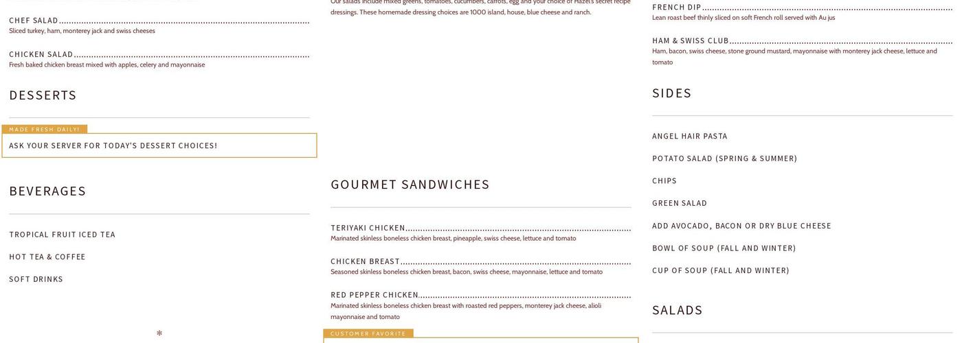 Hazel's Kitchen Menu