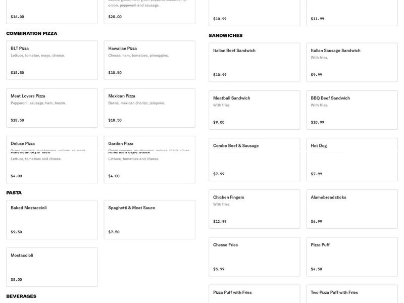 Alamo Pizzer1a Menu
