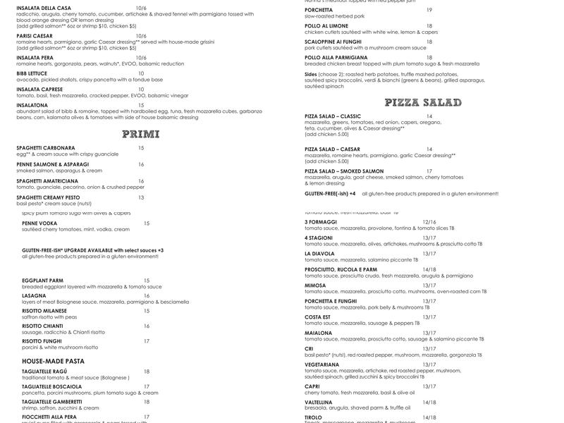 PARISI pizzeria, trattoria e vino Menu