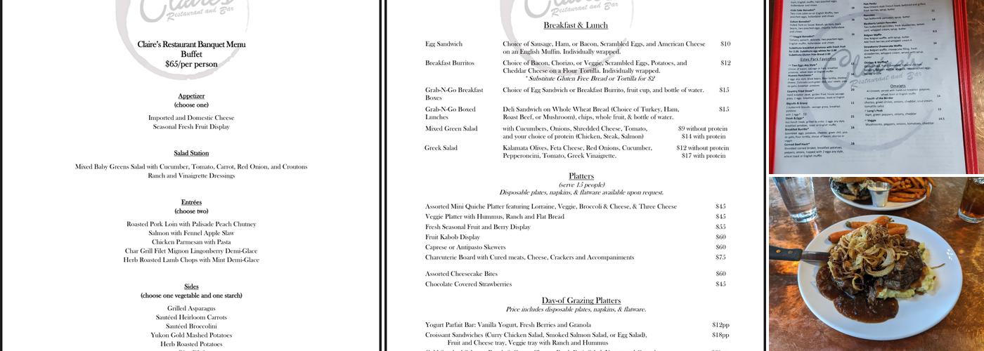 Claire's Restaurant and Bar Menu