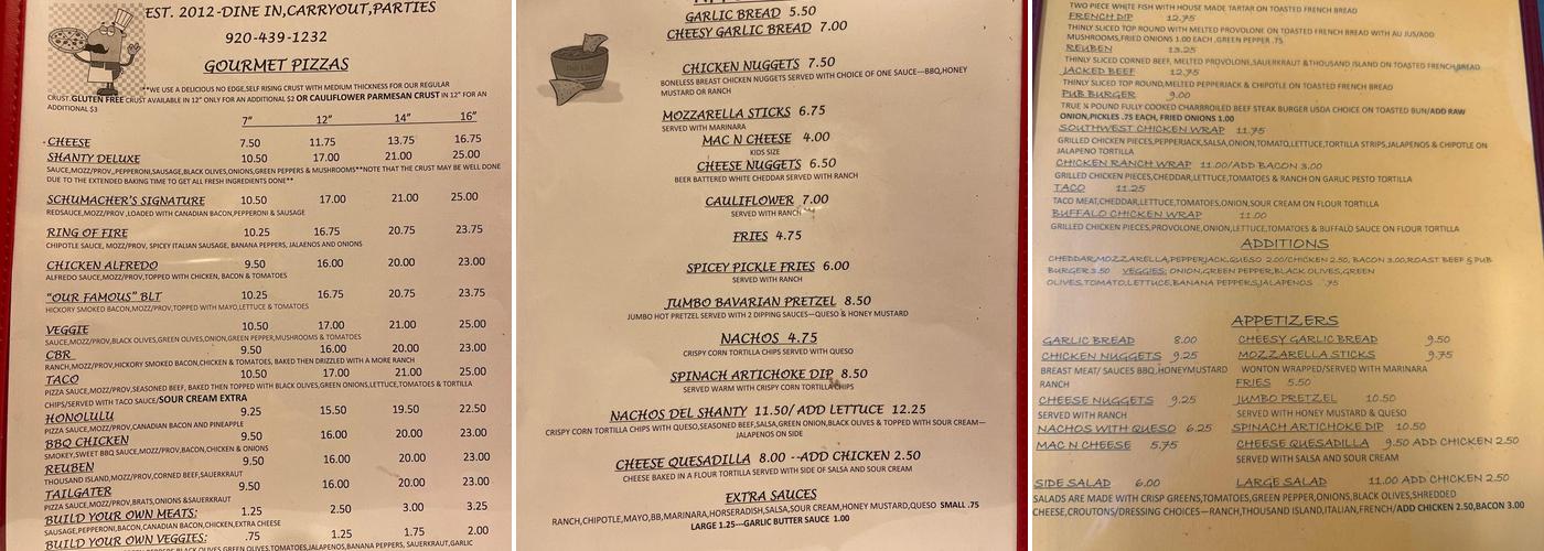 Schumacher's Shanty Pizza and Sandwich Pub Menu