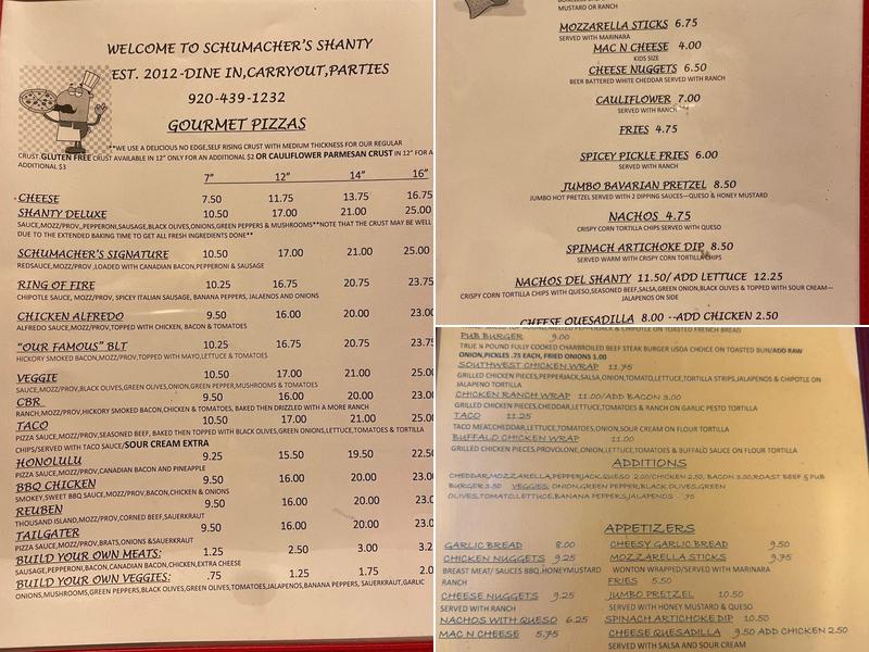 Schumacher's Shanty Pizza and Sandwich Pub Menu