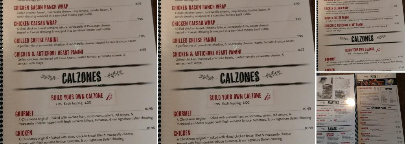Christianos Pizza Menu