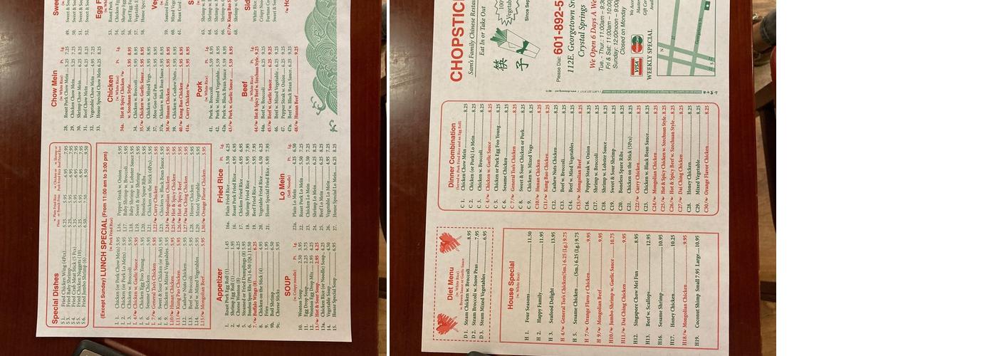 Chopsticks Chinese Restaurant Menu