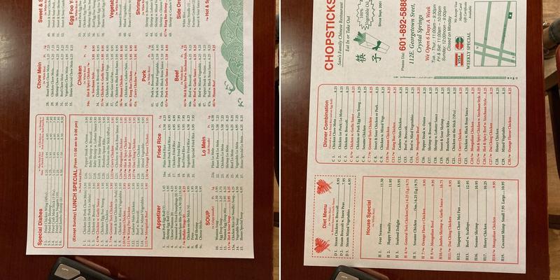 Chopsticks Chinese Restaurant Menu