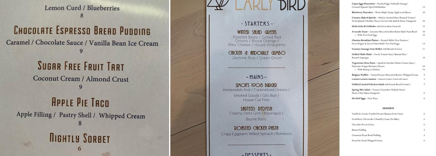 1908 Provisions Menu