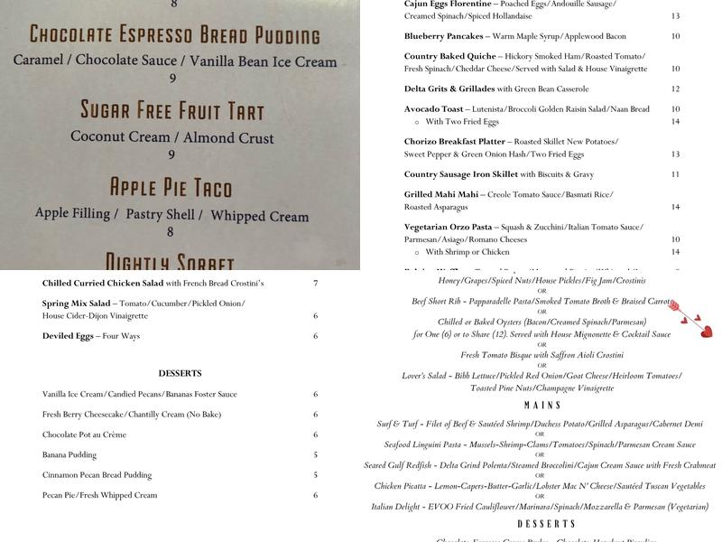 1908 Provisions Menu