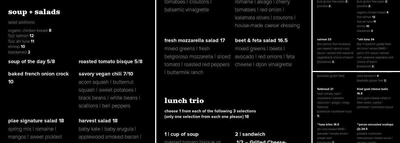 Plae Bistro Menu