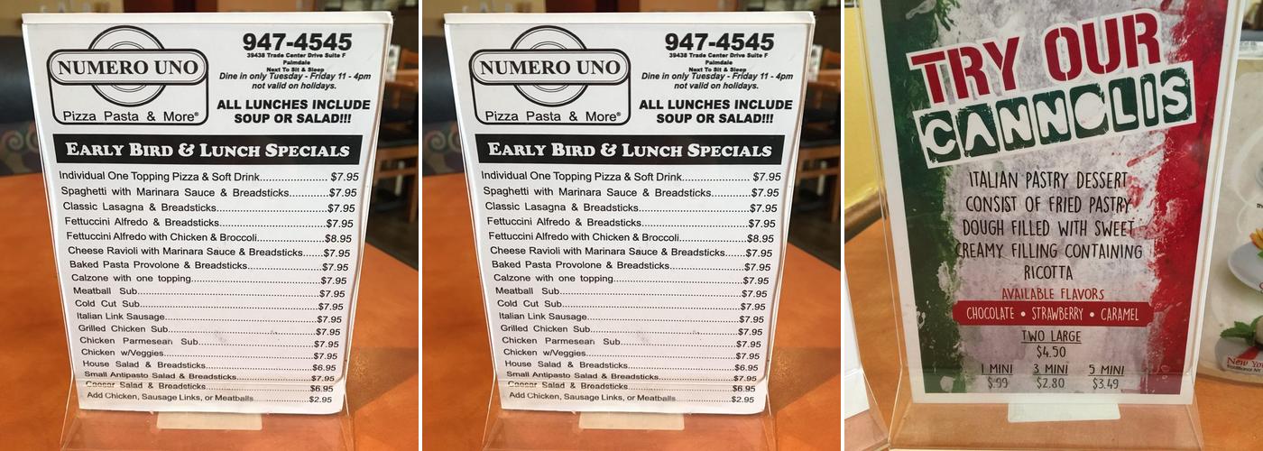 Numero Uno Pizza Menu