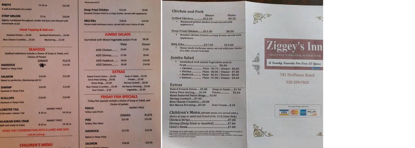 Ziggey's Inn Menu