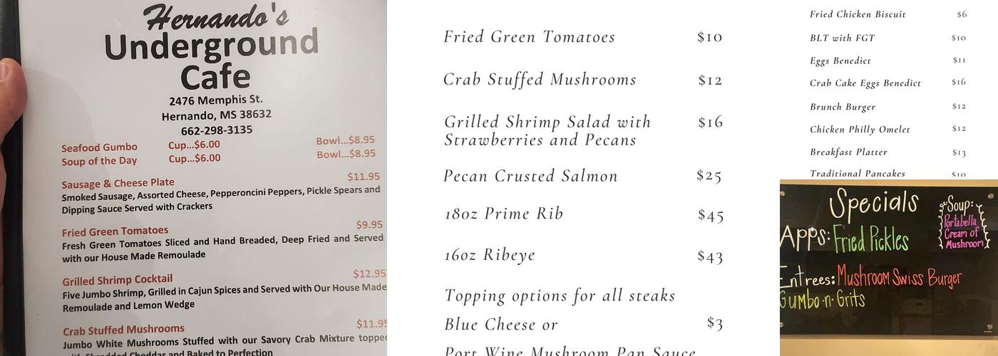 Underground Cafe Menu