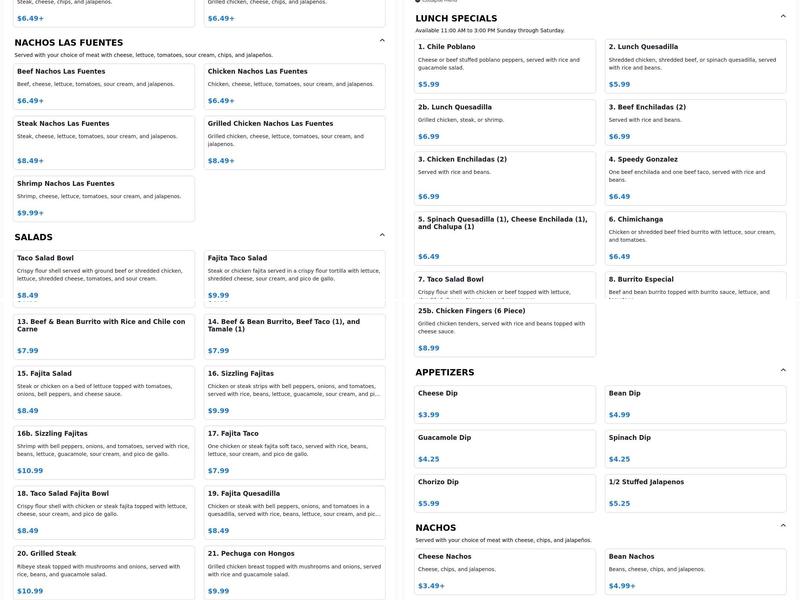 Las Fuentes Mexican Restaurant Menu