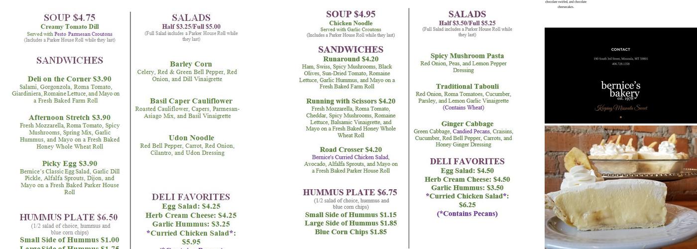 Bernice's Bakery Menu