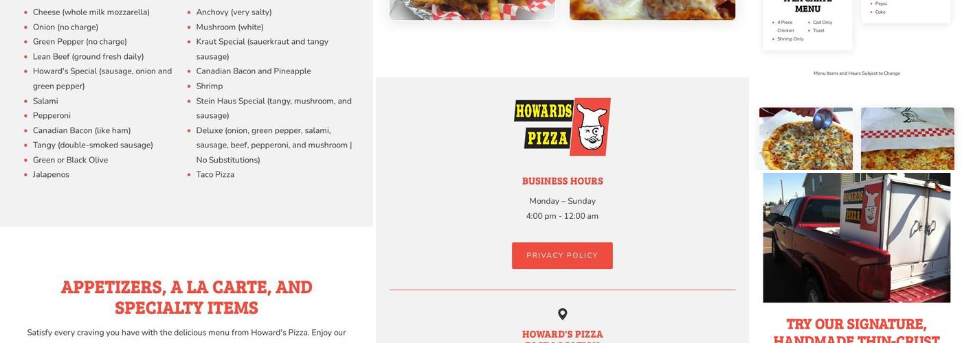 Howard's Pizza Menu